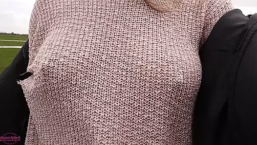 Boobwalk: Walking braless in a pink see through knitted sweater